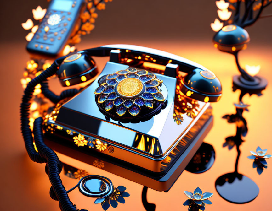Vintage Rotary Phone with Jewel Decorations and Glowing Flowers on Orange Background