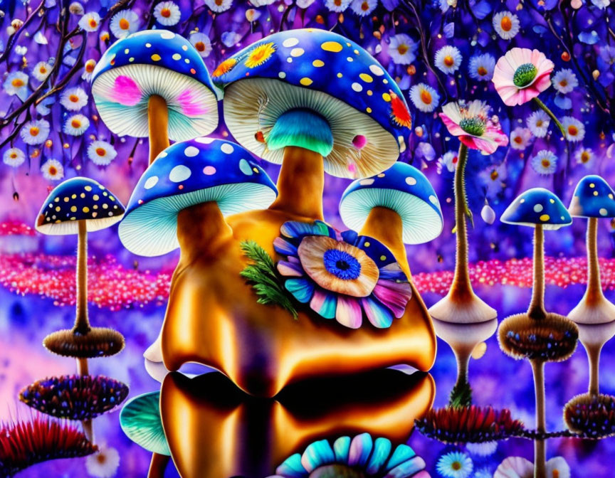Colorful psychedelic artwork: figure with mushroom head surrounded by vibrant flora