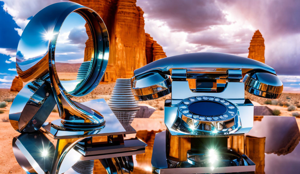Surrealistic metallic rotary phone in desert landscape