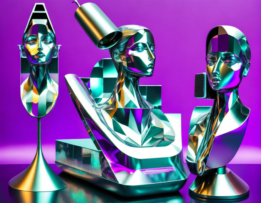 Metallic mannequin heads on purple and teal gradient background with geometric designs
