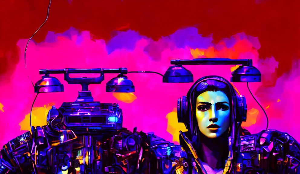 Colorful digital art: Female figure with headphones on neon pink backdrop with mechanical elements