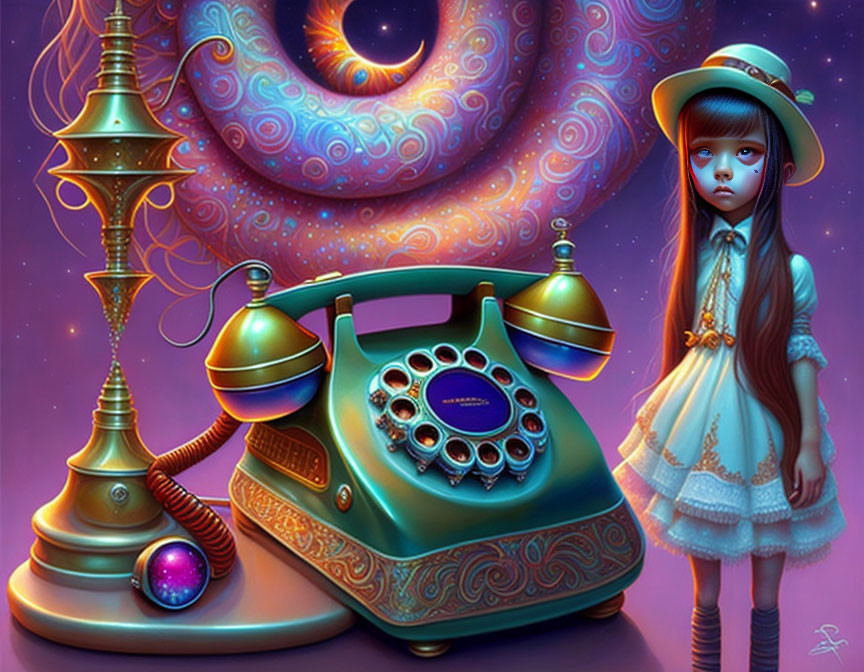Vintage girl illustration with retro telephone and cosmic backdrop
