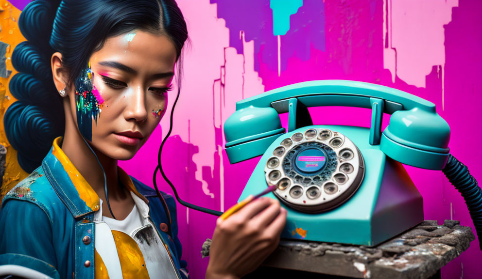 Creative makeup woman with vintage turquoise phone on vibrant graffiti backdrop