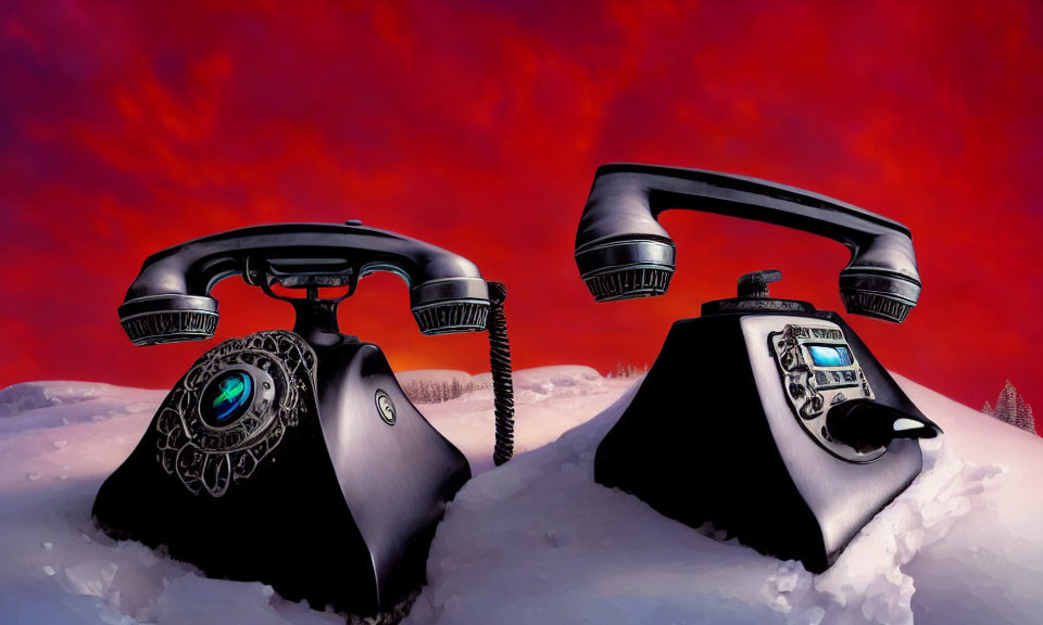 Vintage Black Rotary Telephones in Snow Against Dramatic Red Sky