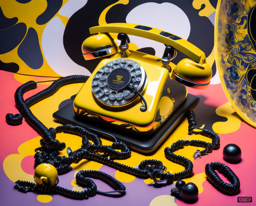 Vintage Yellow Rotary Phone Surrounded by Pop-Art Patterns