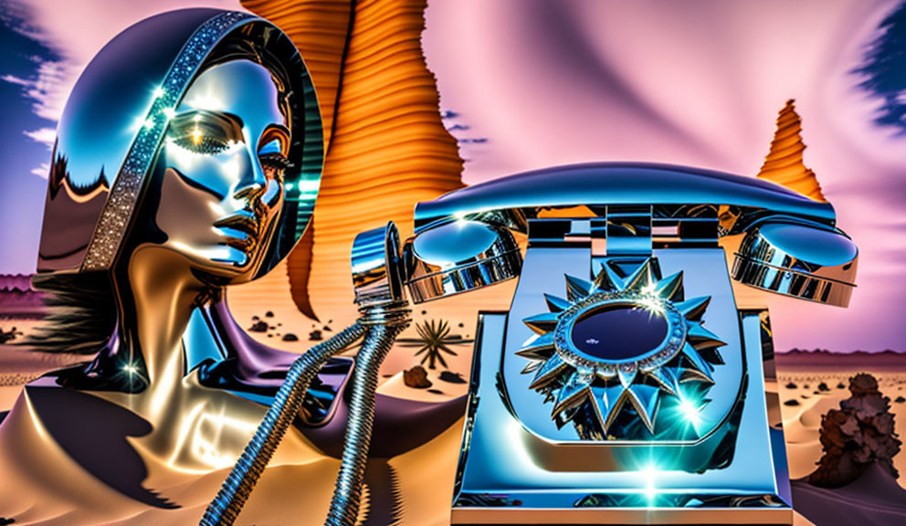 Surreal digital artwork: metallic female figure, luminescent telephone, desert dunes, purple