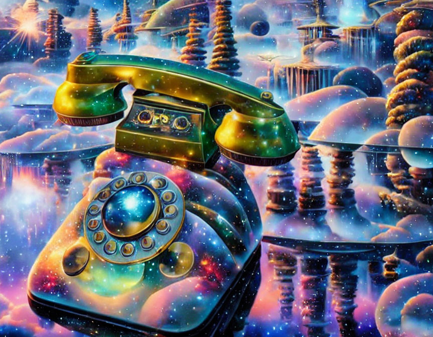 Vintage rotary phone in cosmic space setting with vibrant colors and whimsical elements