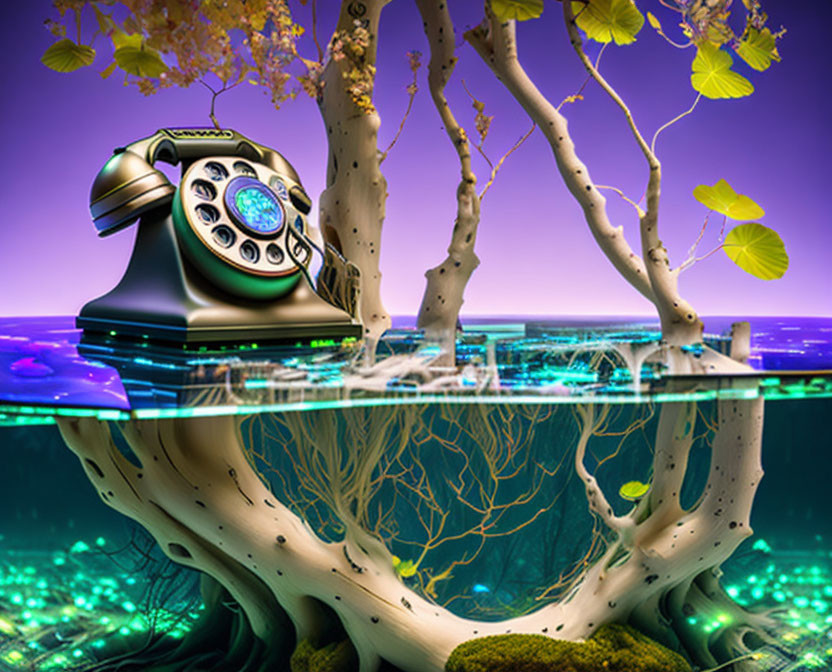 Surreal vintage telephone on mirrored surface with underwater roots and purple sky