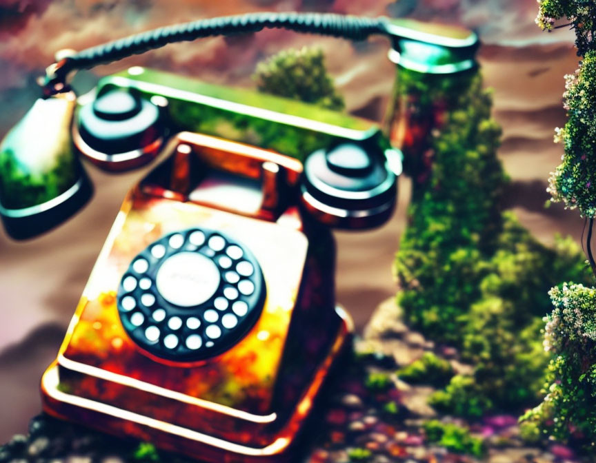 Vintage Rotary Phone with Colorful Marbled Pattern on Forest Background