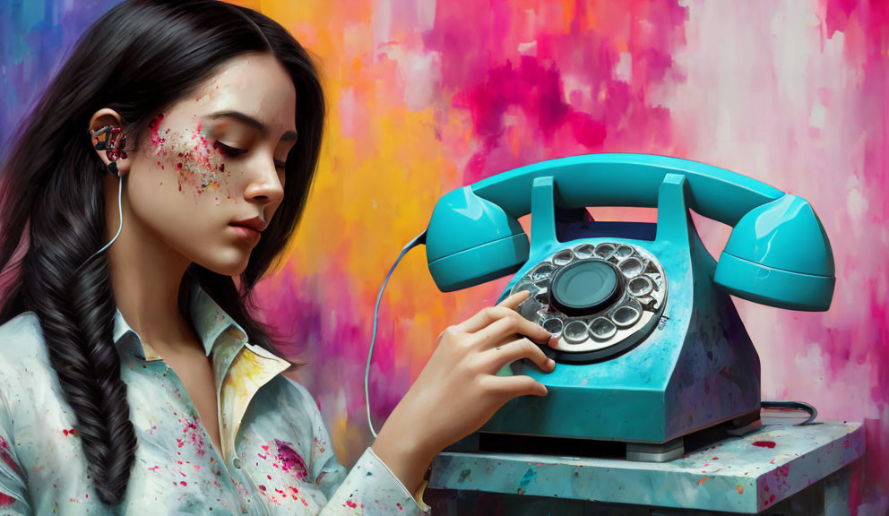 Woman with painted face dialing retro turquoise rotary phone on colorful abstract background