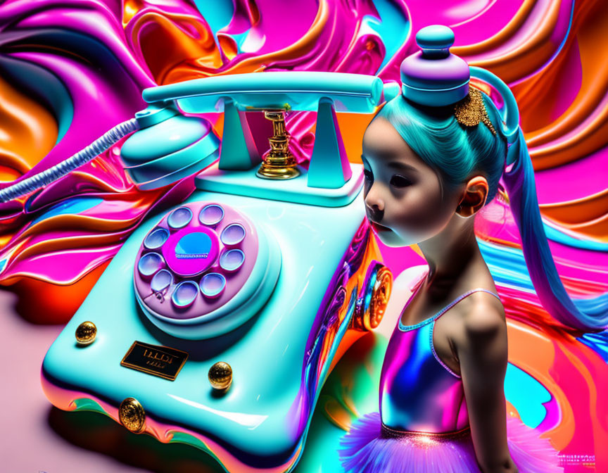 Colorful surreal image: Stylized girl with blue hair and vintage turquoise rotary phone amid swirling patterns