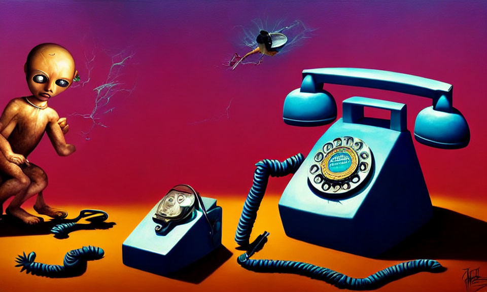Surreal artwork with alien figure, vintage telephones, and buzzing fly