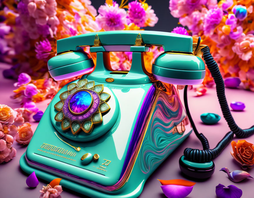 Colorful Retro-Style Telephone with Ornate Details and Floral Surroundings