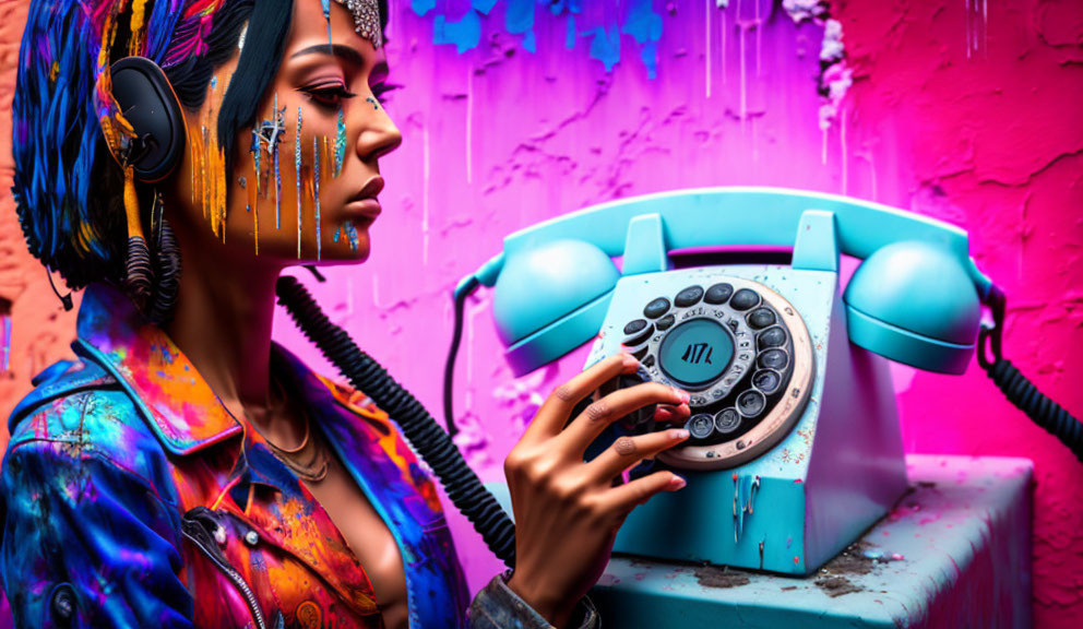 Colorful Makeup Woman Holding Retro Telephone Against Graffiti Background