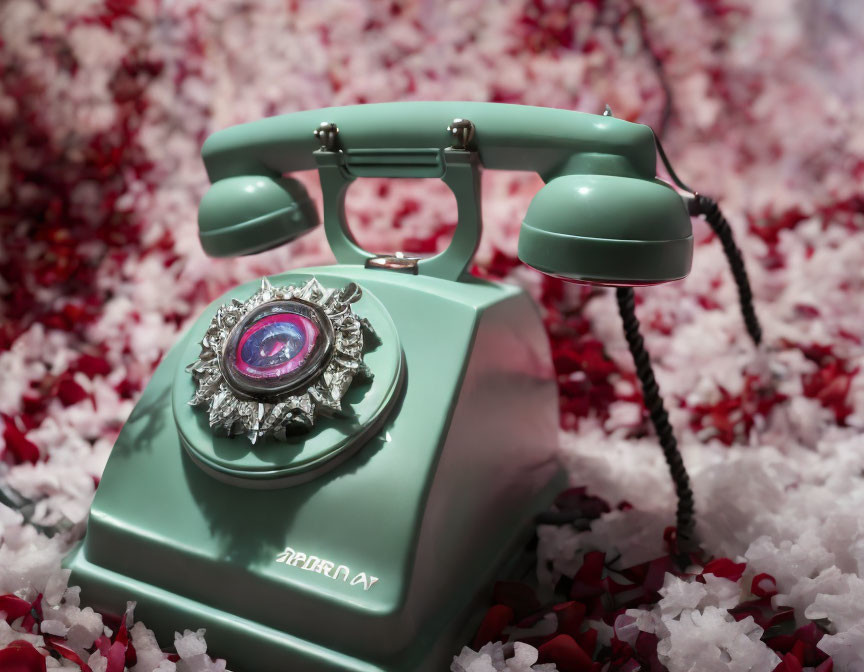 Vintage Turquoise Rotary Phone with Brooch on Petal Bed