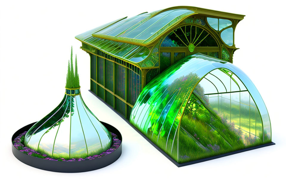 Three Futuristic Greenhouses with Transparent Walls and Ornate Metal Frames