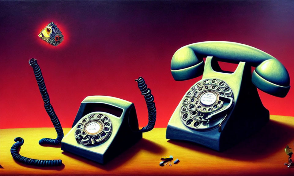 Vintage Surreal Art: Two Telephones on Wooden Surface