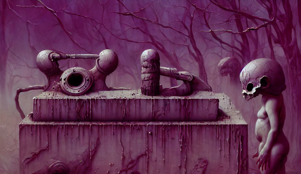 Purple-Toned Surreal Scene with Eerie Figures and Twisted Trees