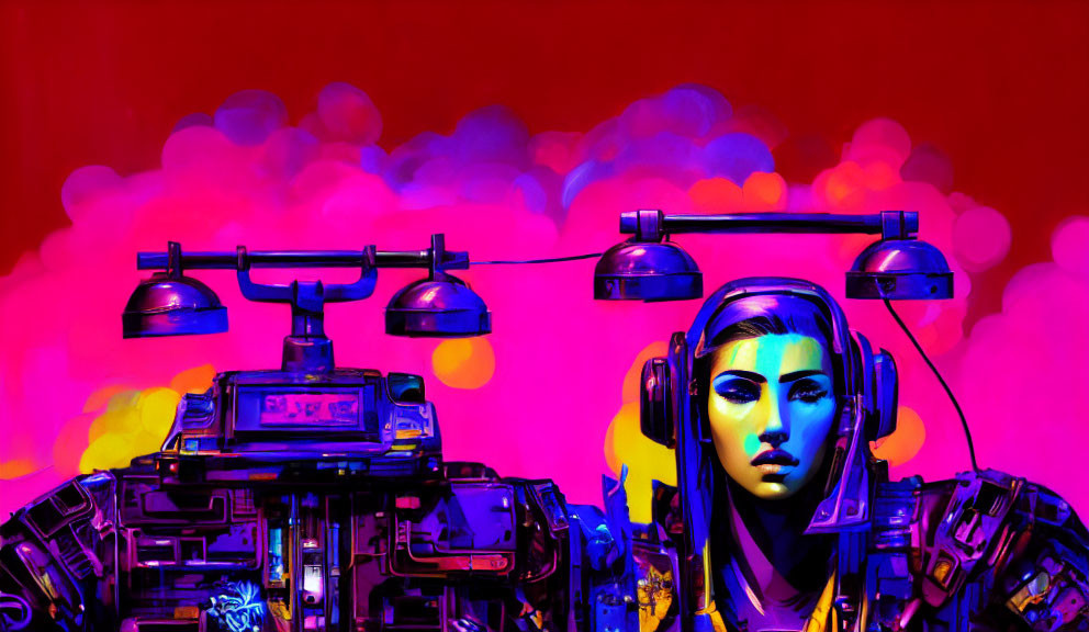 Digital artwork: Female cybernetic being with headphones on neon pink backdrop.
