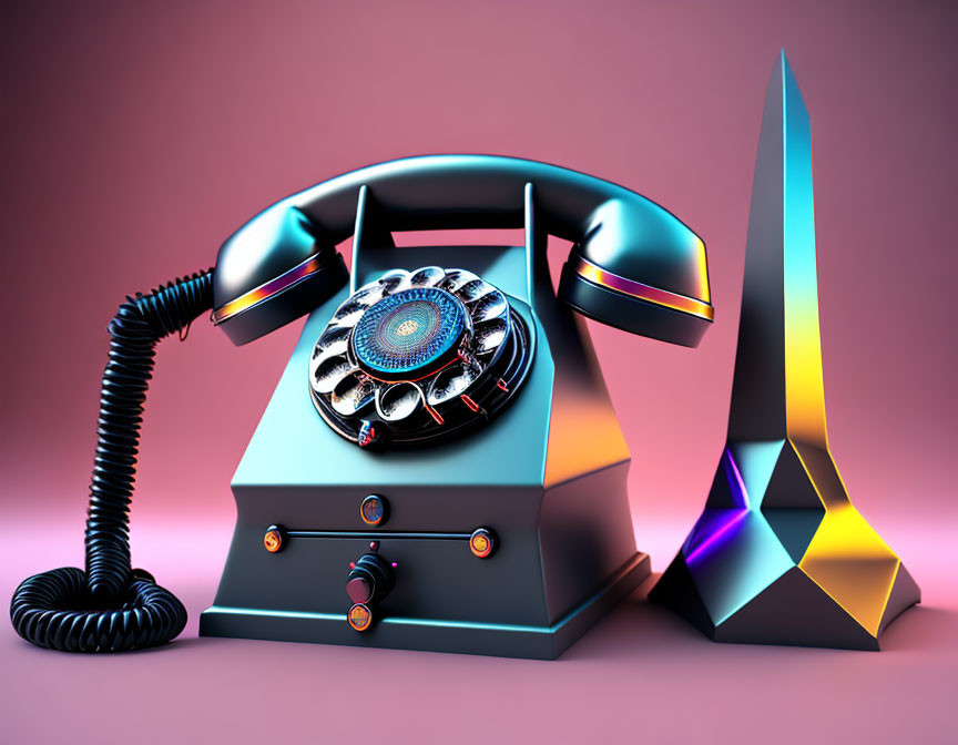 Vintage rotary dial telephone with neon accents beside abstract sculpture on pink background