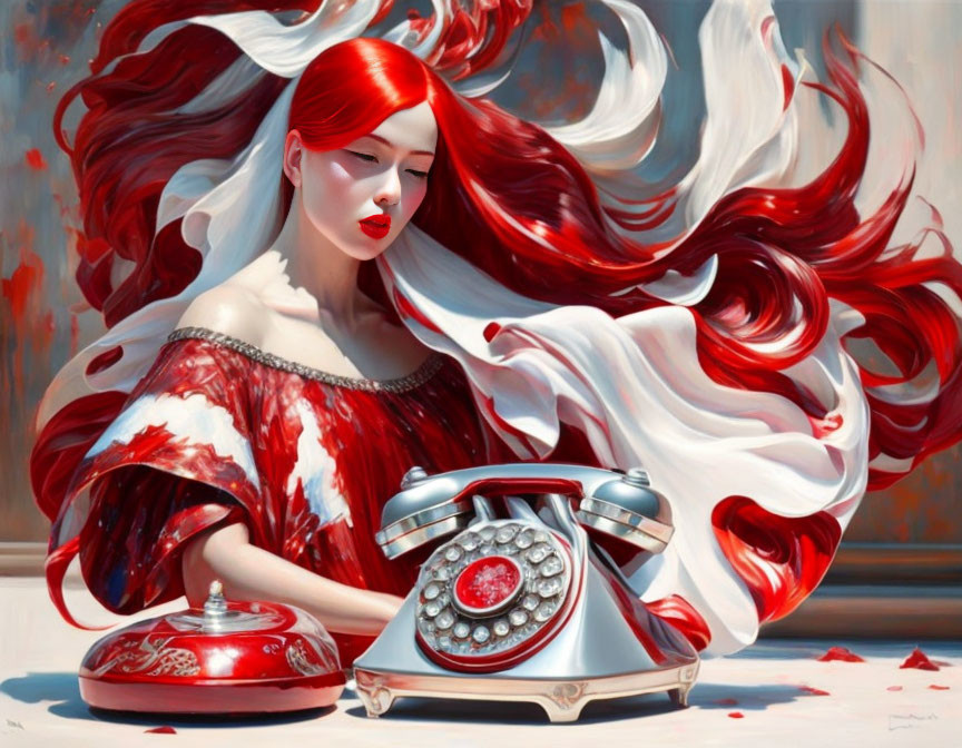Stylized image of woman with flowing red hair and vintage red telephone