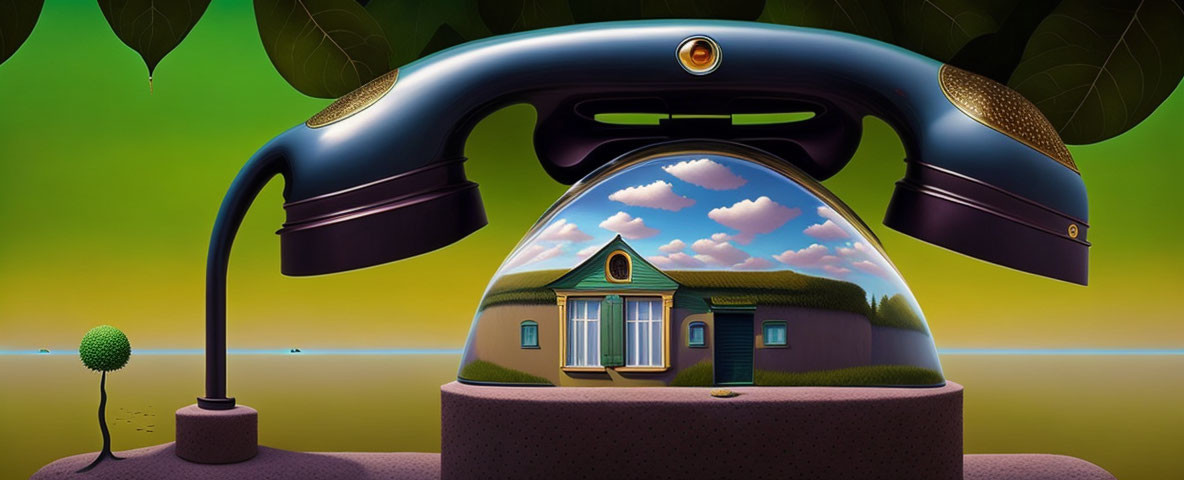 Surreal image of old-style telephone with house, clouds, and greenery under transparent dome against