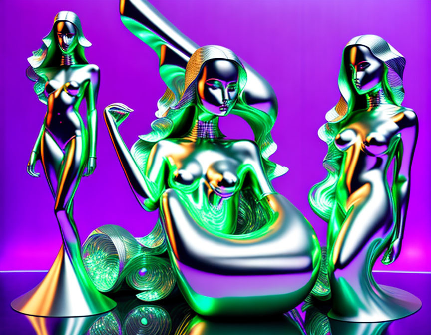 Abstract metallic female figures on vibrant purple background with reflective spheres