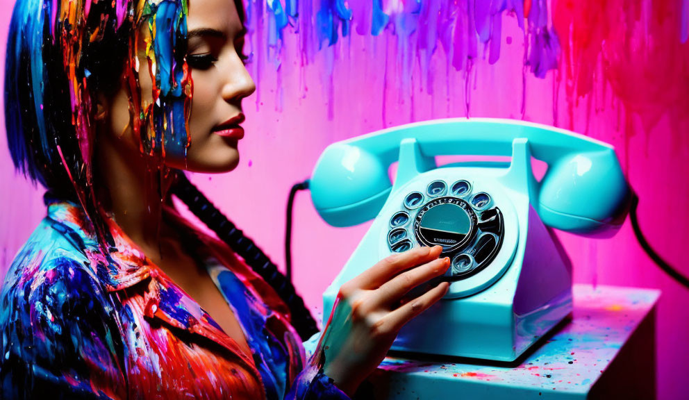 Colorful Woman Poses with Paint and Vintage Blue Telephone on Vibrant Background