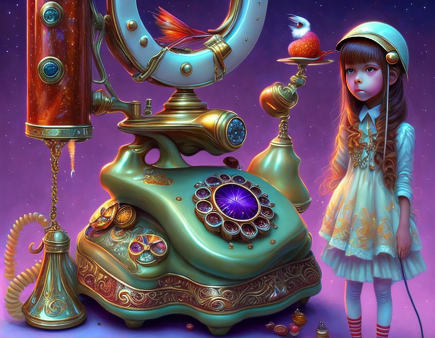 Vintage-inspired girl with fantastical rotary phone and bird.