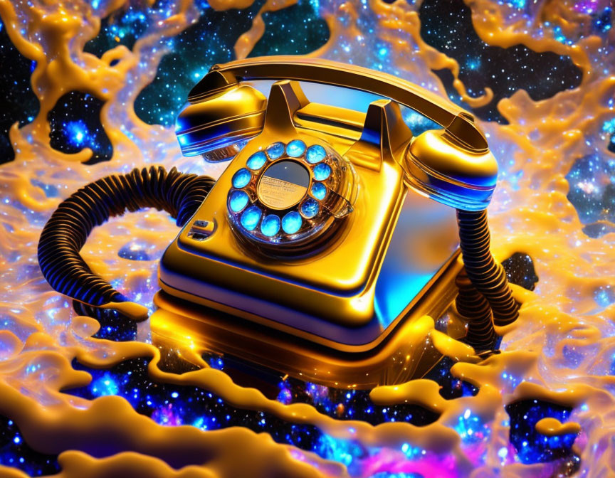 Vintage golden rotary phone on cosmic background with swirling nebulae and golden liquid.