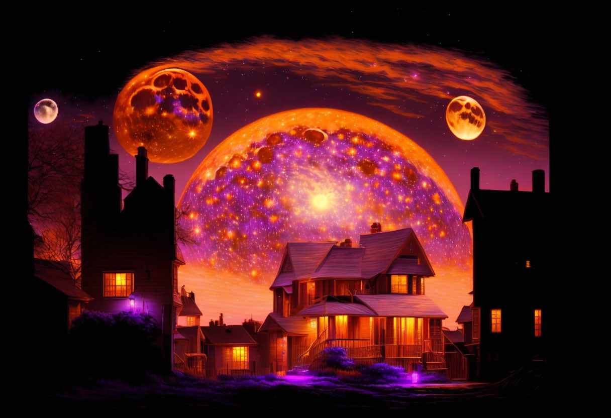 Surreal night scene with multiple moons and glowing galaxy above silhouetted houses