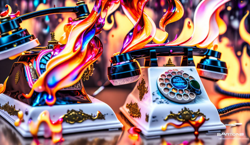 Colorful surreal rotary telephones with flame-like liquid swirls - a vibrant image.