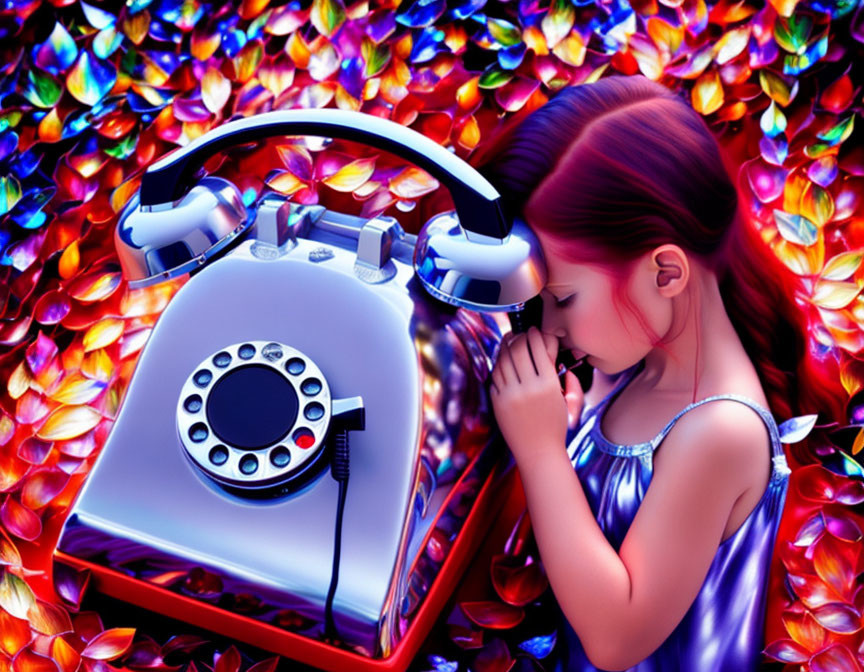 Young girl in blue dress listening to vintage rotary phone in vibrant leafy backdrop