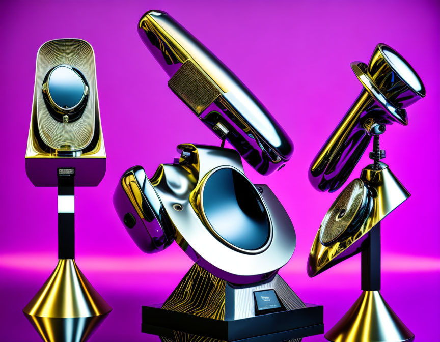 Five Gold-Colored Loudspeakers on Pedestals Against Purple Background