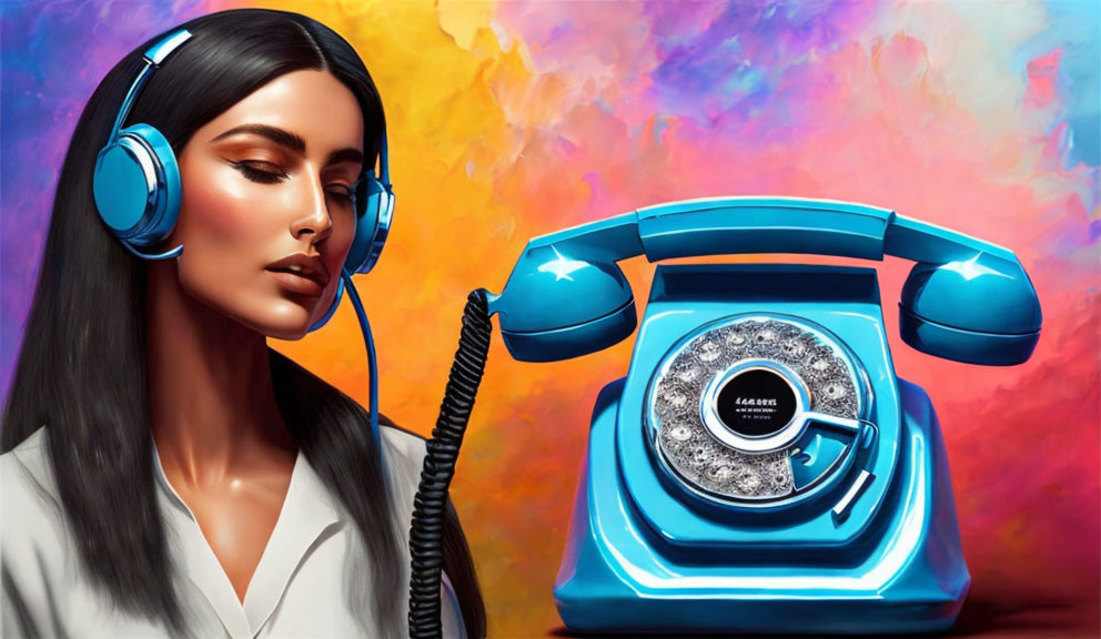 Woman wearing modern headphones listens to vintage blue rotary phone on vibrant multicolored background
