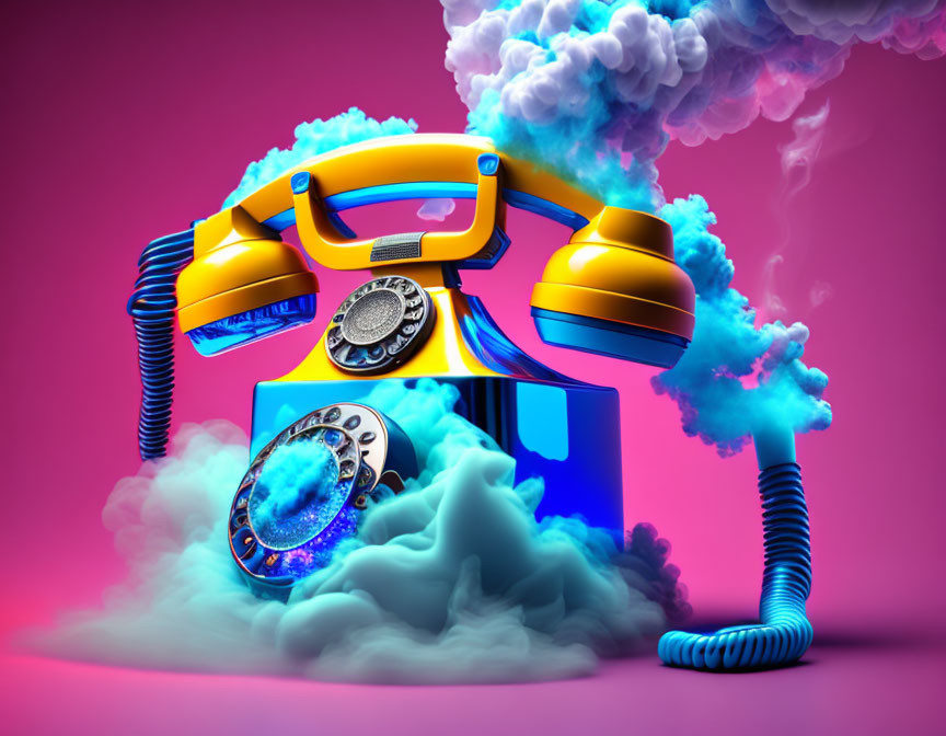 Yellow rotary phone with cosmic twist in dreamy vaporwave aesthetic