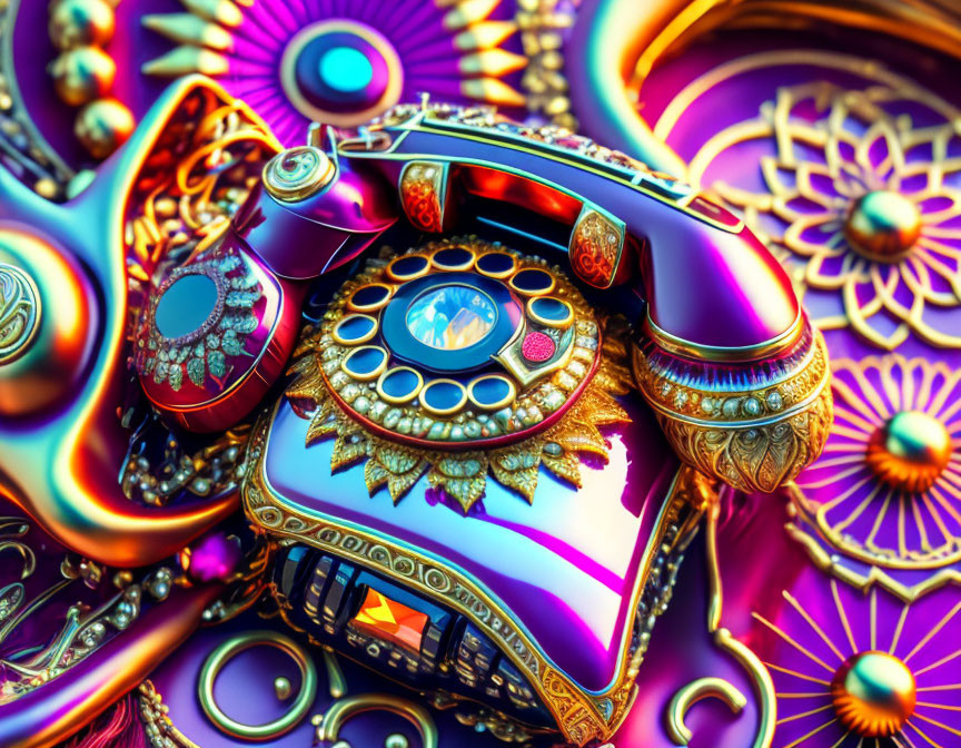 Colorful Vintage Rotary Telephone with Ornate Patterns