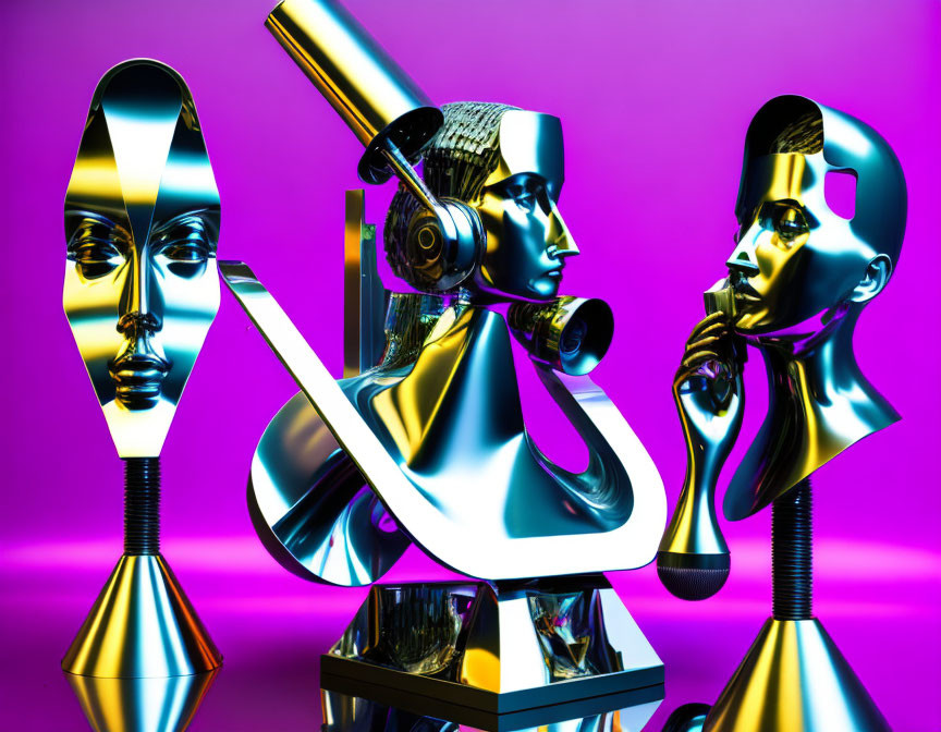 Abstract metallic humanoid sculptures on purple backdrop with surreal and futuristic features