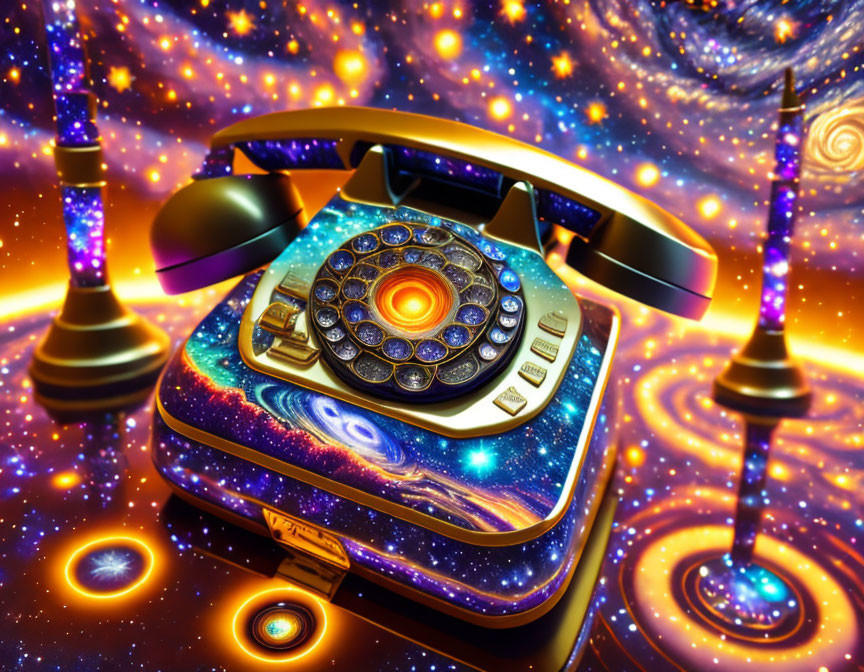Colorful cosmic-themed rotary phone with starry galaxy design on swirling background.