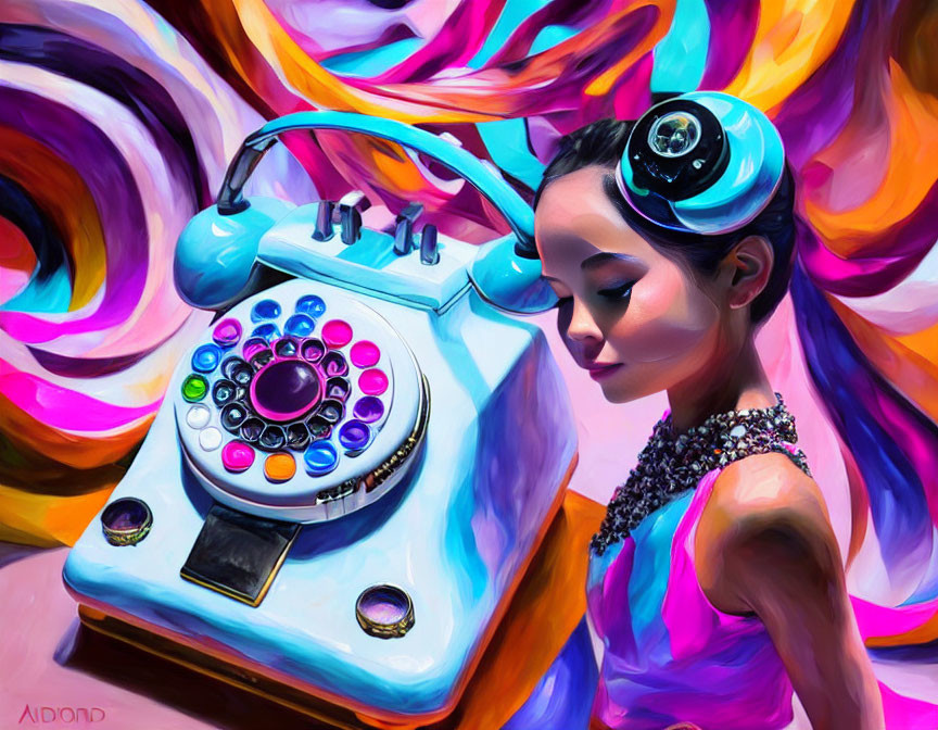Vibrant artwork: woman with headset and rotary phone in colorful swirls