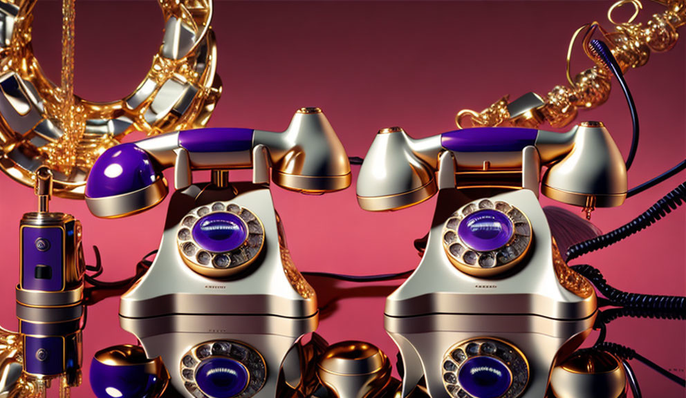 Vintage Rotary Phones with Golden Accents on Pink Background