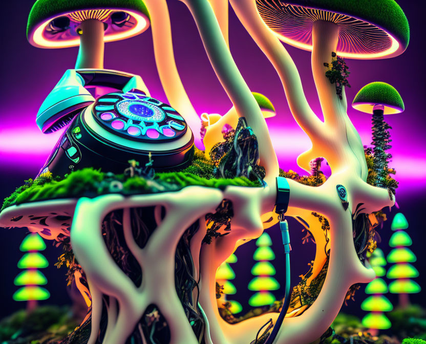 Colorful digital art: Mushrooms, neon hues, bioluminescence, futuristic DJ turntable