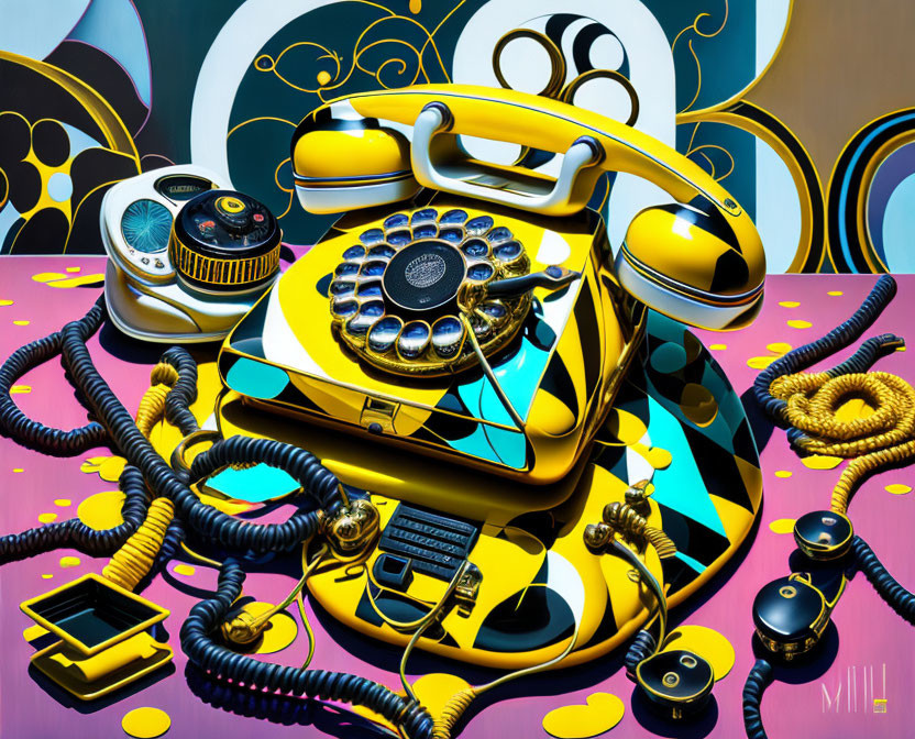 Colorful retro rotary telephones on bold psychedelic background