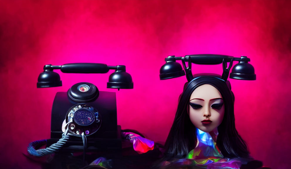 Large-eyed doll with monochromatic makeup near old rotary phone on red background