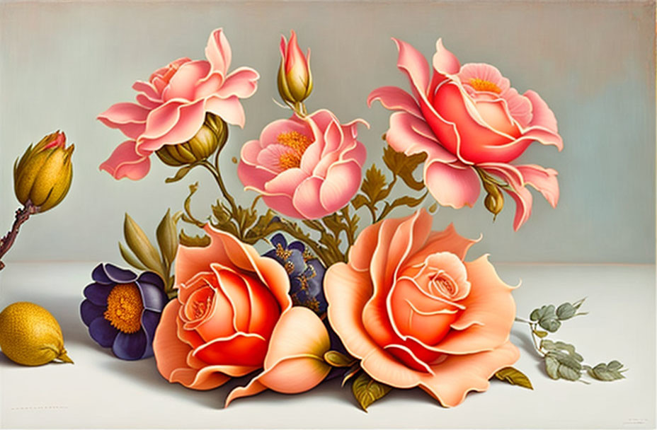 Vibrant roses, lemon, and purple flower in a still-life painting.