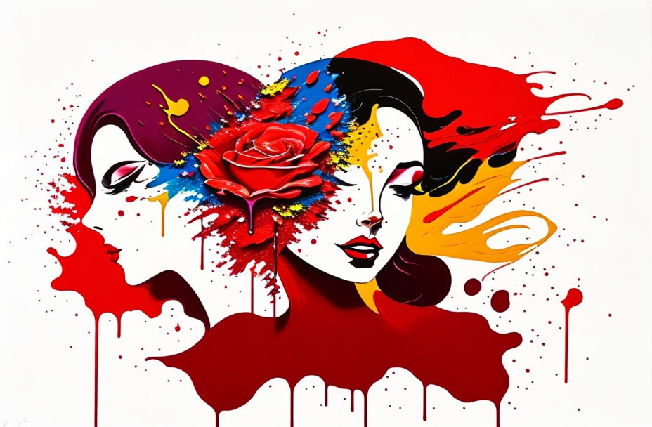 Colorful Abstract Artwork: Stylized Woman's Face with Red, Yellow, Purple Splashes