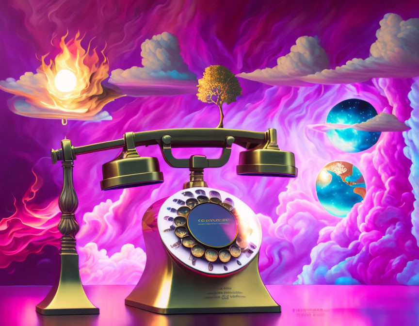 Vintage rotary phone on surreal cosmic background with floating tree, planets, and comet