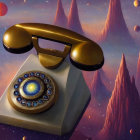 Surreal painting: Vintage telephone with galaxy dial on cosmic backdrop