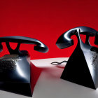 Abstract black statues with metallic finishes on pedestals against red backdrop