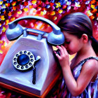 Young girl exploring vintage rotary telephone on vibrant background